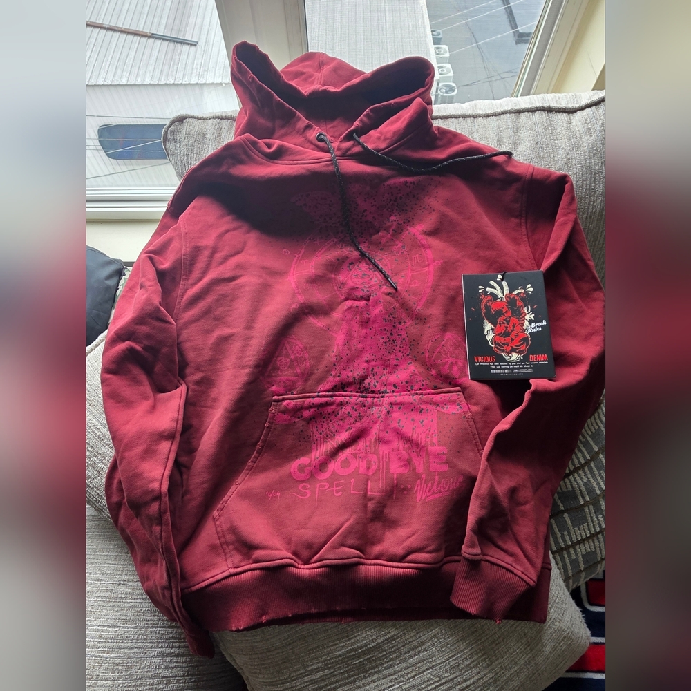 Brand New Medium Men's Vicious Denim Burgundy Graphic Hoodie
